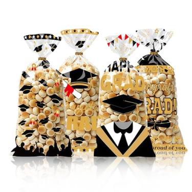 Imagem de AIUPUOC Goodie Sacos de celofane para doces de plástico com 50 peças de laços torcidos Saco de brindes para festa, parabéns, sacos de presente (Grad)