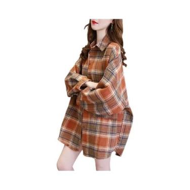 Imagem de Camisa Xadrez Vintage Feminina - Manga Comprida, Estilo Preppy, Blusa 