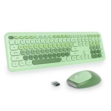 Imagem de surmen Lindo teclado e mouse verde sem fio, estilo máquina de escrever retrô, sem fio, silencioso, colorido, baixo ruído, 2,4 GHz, para casa e escritório, 666, verde claro