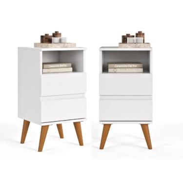 Imagem de Conjunto 2 Mesas de Cabeceira Retro Duas Gavetas Pés Palito - Mesa Lateral Branca