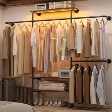 Imagem de Cyclysio Cabideiro Industrial Com Prateleiras, Closet Luz Led, Em L Para Parede, Ideal Espaços Pequenos, Quarto, Marrom