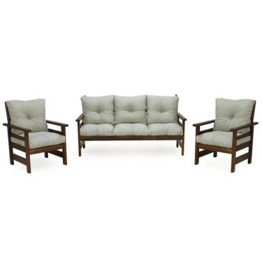 Imagem de Conjunto Sofá Havaí 3 Lugares + 2 Poltronas De Madeira Com Almofadas Confortáveis - Bege