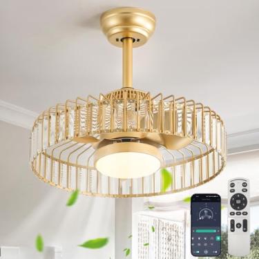 Imagem de Oiotwo Ventilador De Teto Com Gaiola Dourada 20" Luz, Lustre Cristal Fandelier Sem Lâminas, Controle Remoto/Aplicativo, Moderno Fechado 6 Velocidades Para Quarto, Sala Estar E Cozinha