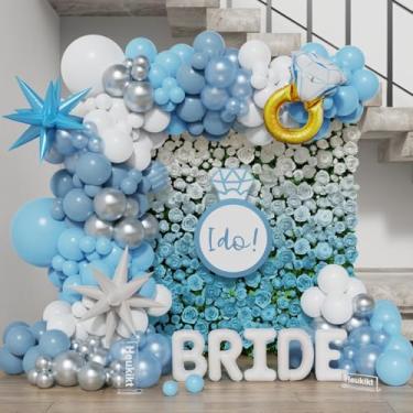 Imagem de Kit de arco de guirlanda de balão azul e branco, 154 peças, prata azul empoeirada, balões brancos com balão de folha de diamante para casamento, chá de panela, último brinde na costa, decorações de