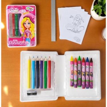 Imagem de Kit Estojo Escolar Glam Girl, 18 Peças, Com Lápis de Cor, Giz de Cera, Desenhos para Colorir, Borracha e Apontador