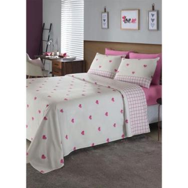 Imagem de Jogo de Cama 4 Peças 150 Fios Queen CORAÇÃO E XADREZ ROSA - JW SHOP