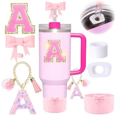 Imagem de 6 peças de acessórios rosa para copo Stanley, decorações para copo de 30/1,134 g com alça, inclui tampa e bota de cobertura de palha de laço, pingente de iniciais, adesivo de letra, tampa à prova de
