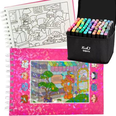 Imagem de Livro De Pintar Canetinhas 80 Cores Capa Dura 100 Paginas Canetas Permanente Ponta Dupla