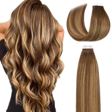Imagem de Lacer Extensões de cabelo com fita adesiva de 40,64 cm cabelo humano Remy 20 peças 50 gramas Balayage marrom chocolate para loiro caramelo com raízes marrom chocolate R#4-4/27