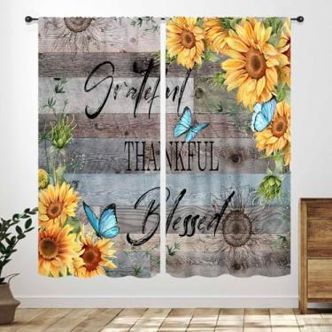 Imagem de Cortinas de girassol para cozinha, amarelo floral fazenda country vintage rústico retrô azul madeira verde folhas borboleta janela tratamentos para quarto sala de estar 2 painéis, 106 x 113 cm