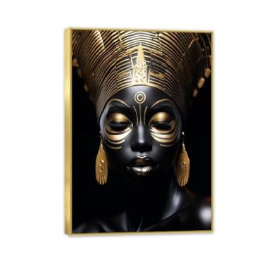 Imagem de SDYJ6GSW Impressões de parede douradas e pretas em tela, pinturas de parede de mulheres negras africanas, pôster de meninas para sala de estar, decoração de casa, 70 x 50 cm, moldura dourada