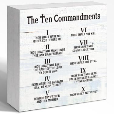 Imagem de WUZYOU Placa The Ten Commandments, placa de caixa de madeira motivacional religiosa rústica, decoração de parede de prateleiras de mesa cristãs para sala de estar quarto 12 x 12 cm