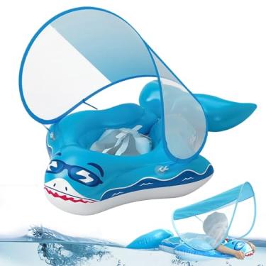 Imagem de Flutuador para Bebés com Toldo,Flutuador de Natação Hipoaergênico - Com Proteção UV em Forma Divertida de Tubarão para Brinquedos de Crianças para Uso Externo em Praia Natação e