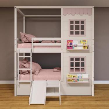 Imagem de Beliche Casinha Reta 2 Janelas 2 Gav Escorregador Rosa - Housin