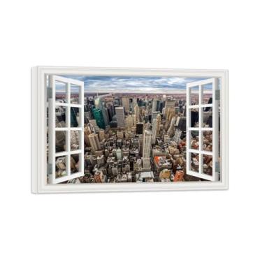Imagem de Impressões Janela Falsas-Arranha-céus cidade-Paisagem Urbana Pinturas em Tela-Quadro para Decoração Sala de Estar Tela Embrulhada 60x90cm