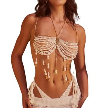 Imagem de Sutiã com pingente de franja e contas no peito, frente única, corrente de ombro, costas nuas, joia rave, saída de praia boêmia