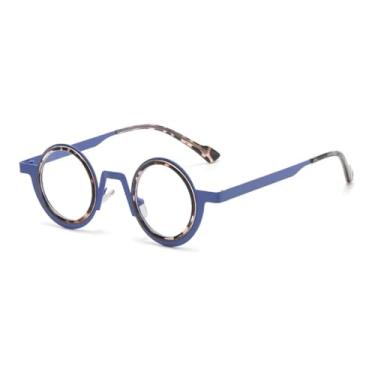 Imagem de Óculos de sol retrô redondos pequenos de metal punk femininos, óculos de sol com lentes transparentes UV400, armação masculina (azul leopardo transparente)