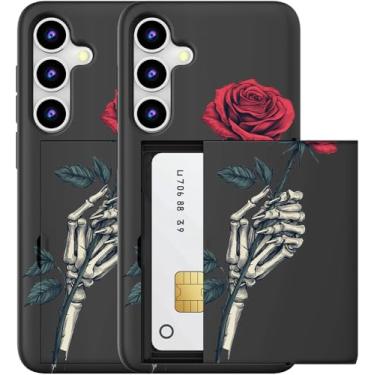 Imagem de MUQR Capa compatível com Samsung Galaxy S24 FE com suporte de cartão fofo - Design Kawaii, proteção contra quedas de nível militar, capa carteira robusta para mulheres (crânio esqueleto preto rosa)