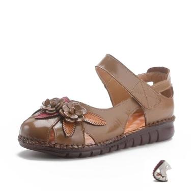 Imagem de Sandálias femininas de couro genuíno com flor vazada, fundo plano, retrô, fechada, bico redondo, confortável, macio, gancho e laço para o verão, lazer, férias na praia, Marrom, 40