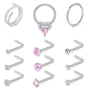 Imagem de TOKRING Piercing de nariz 18G para mulheres rosa CZ piercing de nariz joias de aço inoxidável hipoalergênico piercing de narina 12 peças