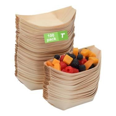 Imagem de LYHLYA 100 peças de barcos para aperitivos de madeira de 17 cm - Bandejas descartáveis de madeira para canapés, sushi, lanches - Pratos de festa biodegradáveis ecológicos para casamentos, aniversários
