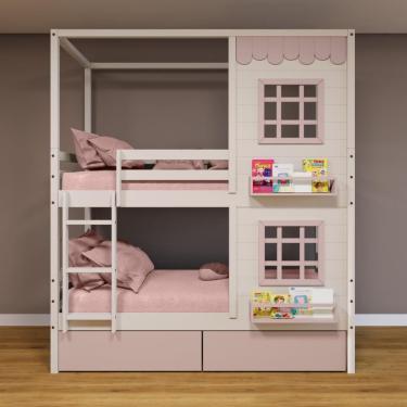 Imagem de Beliche Casinha Reta 02 Janelas e 02 Gavetas Rosa Madeira Maciça Branco/ Rosa Housin