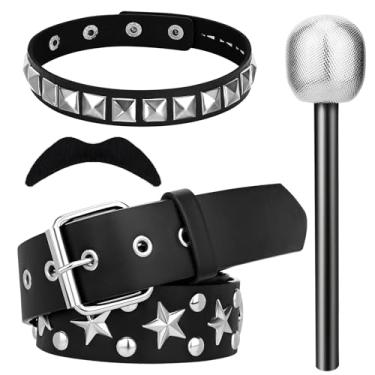 Imagem de GANSHAYA 4 Pcs Halloween Rock Star Costume Rock Band Accessories Microphone Self Adhesive Mustache Belt Armband for Men Women 70s 80s 90s Metal Punk Rock Halloween Party Cosplay Dress Up