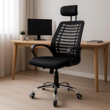 Imagem de Cadeira De Escritório Presidente Simples Ergonômica Tela Mesh Simples Com Apoio e Sistema Relax Ribs Preta