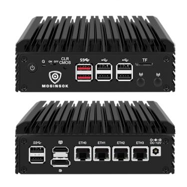 Imagem de MOGINSOK Mini PC Firewall Appliance de 2,5 Gbe, com 12º N100 (até 3,4 GHz) Mini roteador de computador sem ventilador com 4 placas Intel I226 8 GB DDR5 Ram 128 GB M.2 PCIE 3.0 SSD compatível com