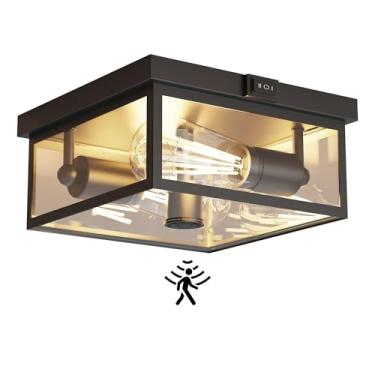 Imagem de Craftersmark Luz de teto externa com sensor de movimento, luminária de varanda de montagem embutida, luminária externa com vidro transparente, 2 luminárias do crepúsculo ao amanhecer para pátio