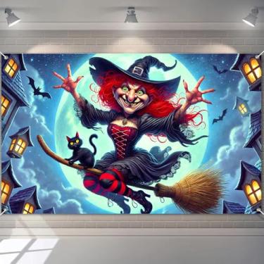 Imagem de BlissYard Faixa de Halloween bruxa na vassoura 188 x 109 cm, decoração para pendurar com noite assustadora e gato preto, decoração para casa, férias, cenário, suprimentos sazonais