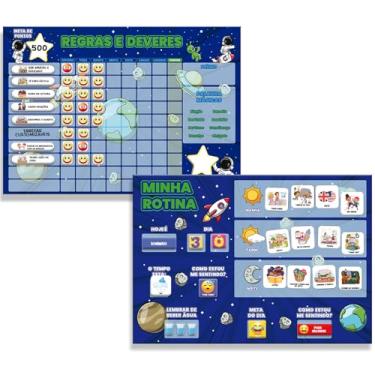 Imagem de Kit Quadro de Rotina Infantil + Quadro de Incentivo ao Bom Comportamento Recompensa 30x40 +1 Caneta + 200 tags para Parede (Astronauta)