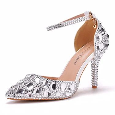 Imagem de Sandálias de strass azul royal salto alto fino bico fino sandálias de cristal azul sapatos de salto alto fashion, Prata, 5