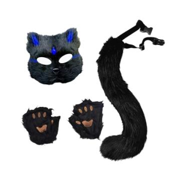 Imagem de oshhni Conjunto de máscara e cauda de animal, linda máscara de gato para performance no palco, aniversário, feriado, Chip Azul Preto