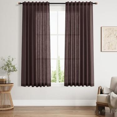 Imagem de Cortinas de linho marrom café 63 polegadas de comprimento para quarto filtros de aba traseira protege a privacidade transparente moderna casa de fazenda decoração costeira algodão textura gaze para