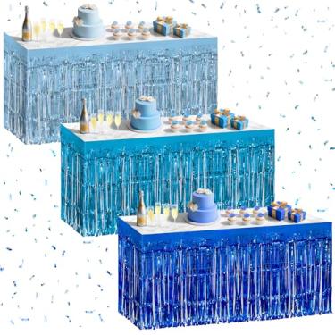 Imagem de Pacote com 3 saias de mesa da série azul, 73,7 x 274,3 cm, saia de mesa com franja metálica para mesas retangulares, cortinas de flâmula, pano de fundo, decorações de festa para aniversários