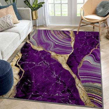 Imagem de Azppsad Tapete abstrato, padrão de mármore roxo e veias douradas, lavável à máquina, tapete antiderrapante moderno, decoração de casa, tapete para sala de aula, lavanderia, quarto, sala de estar, 1,5