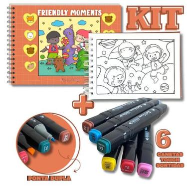 Imagem de KIT com Livro de Colorir Friendly Moments + 6 Canetas Touch Pontas Dup