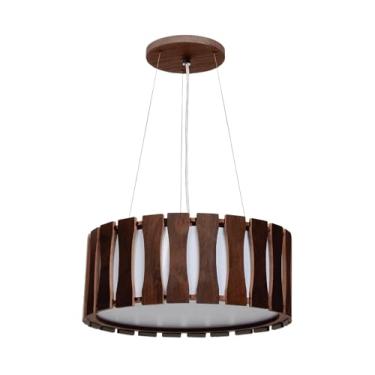 Imagem de Pendente Ripado de Madeira Luminária de Teto Suspensa com Cabo Ajustável 1m e 2 Soquetes E27, Acabamento Natural para Sala de Jantar e Estar (Imbuia, 30 cm)