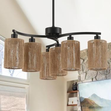 Imagem de ELYCCUPA Luminária com pingente de vime tecido à mão Boho de 56 cm, lustre moderno com 6 luzes, lustre costeiro, para sala de jantar, cozinha, ilha, sala de estar, listado na UL