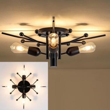 Imagem de fengkeDU 4 lâmpadas Sputnik luminária preta embutida luzes de teto industrial madeira 64 cm luzes de teto modernas para cozinha quarto banheiro hall de entrada (E26)