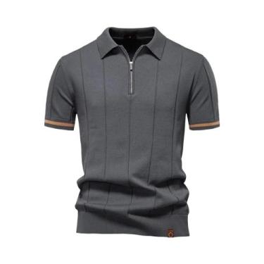 Imagem de Camisa Polo Esportiva Masculina Slim Fit De Cor Sólida Com Zíper AIOPE