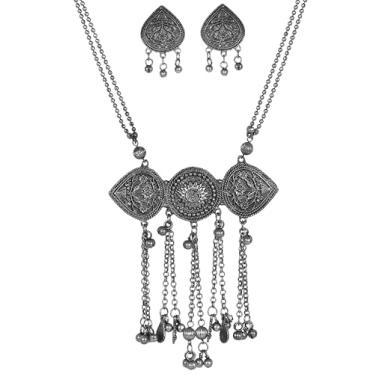 Imagem de Siddhatva Designer Statement Colar cigano tribal com borlas étnicas indianas afegãs oxidadas prata indiana ghungroo joias femininas, Large, Metal, Sem Pedra Preciosa