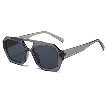 Imagem de Mirkcittle Óculos de sol aviador quadrados modernos para mulheres e homens, armação grossa hexagonal com ponte dupla, óculos de sol inspirados em designer, Lente cinza/cinza, Medium