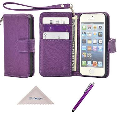 Imagem de Capa para iPhone SE 5S 5, capa carteira flip dupla em 1 de couro sintético premium Wisdompro com vários compartimentos para cartão de crédito para Apple iPhone SE/5s/5, Purple with lanyard