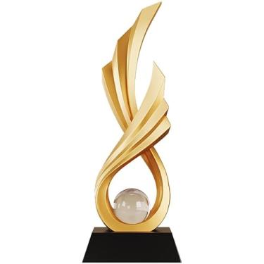 Imagem de XYQXYQ Estátua de arte abstrata moderna, escultura de fita de resina, decoração em forma de asa dourada com bola de vidro, decoração de casa para sala de estar, escritório, mesa de centro, prateleira