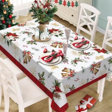 Imagem de Livcoz Toalha de mesa retangular de Natal Poinsétia 152 x 213 cm, sinos de Natal, bagas de azevinho, pinhas, douradas, toalha de mesa de jantar, decoração de festa de piquenique