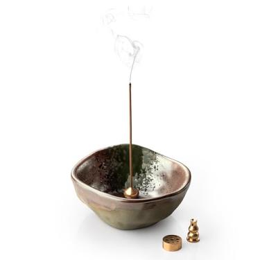 Imagem de KOKUNKA Suporte de incenso 4 em 1 com 3 soquetes de incenso diferentes, queimador de incenso de 10 cm, exclusivo suporte de incenso redondo para palitos, suporte de incenso de cerâmica para meditação