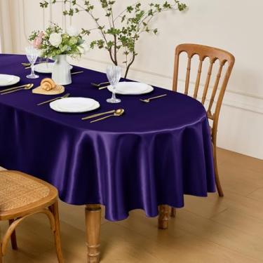 Imagem de Entisn Toalha de mesa oval 152 x 250 cm, feita de tecido de cetim roxo, adequada para 8 a 10 lugares, resistente a rugas e design fácil de limpar, decoração de mesa para casamentos, banquetes, cozinha