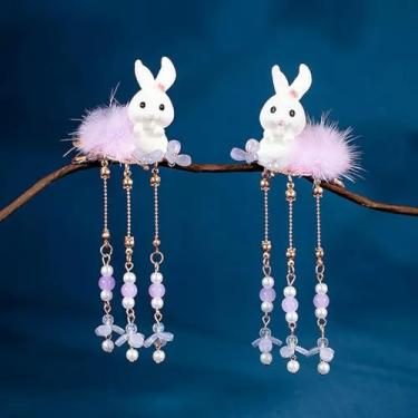 Imagem de Grampos de cabelo de coelho de pelúcia fofos de desenho animado para mulheres presilhas de bola de pelúcia doce borla grampos de cabelo clipe presentes acessório de cabeça